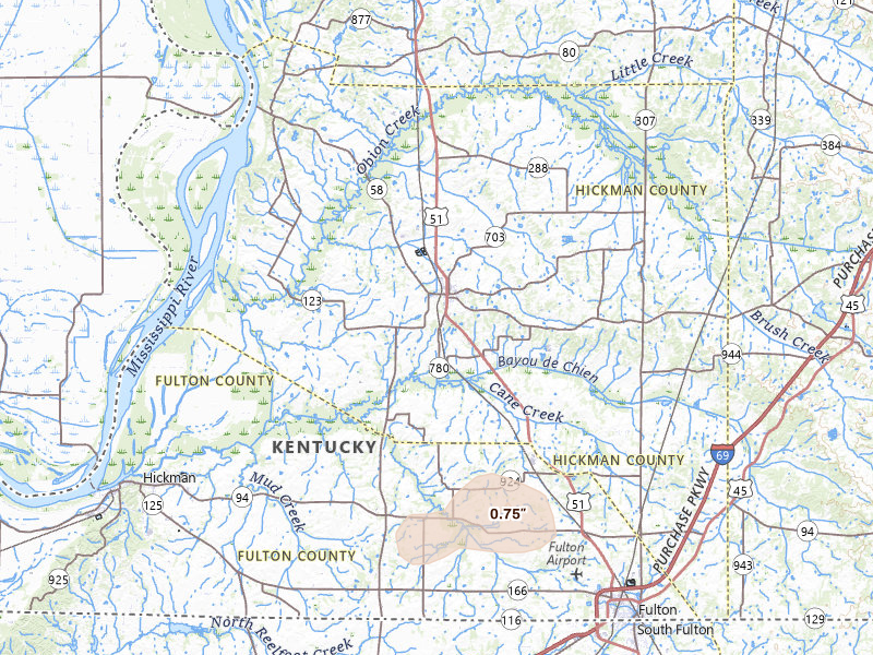 Radar-estimated hail-size map of the storm over Clinton, KY on Jul 18, 2026