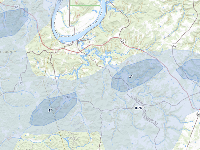 NEXRAD radar-signature map of the hail over Cloverport, KY