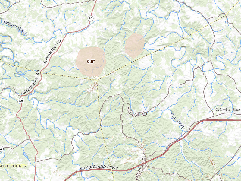 Radar-estimated hail-size map of the storm over Columbia, KY on Jun 11, 2026