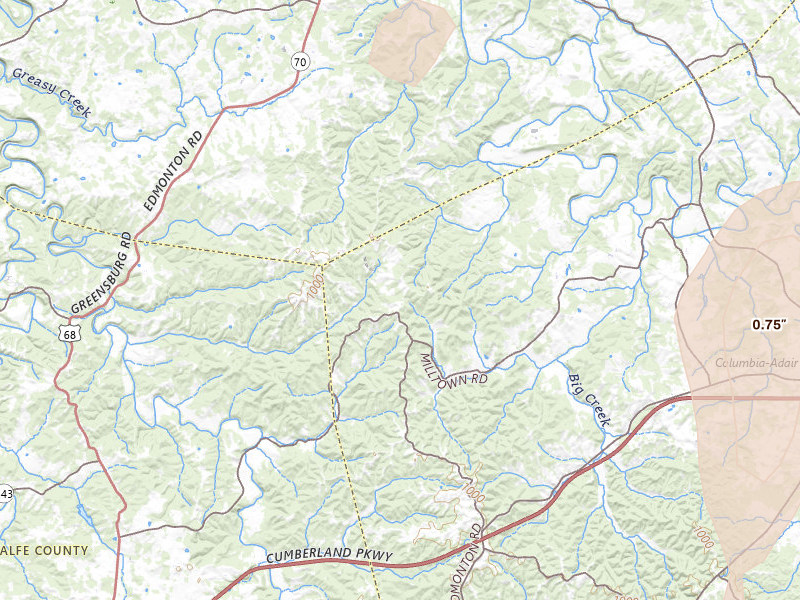Radar-estimated hail-size map of the storm over Columbia, KY on Jul 17, 2026