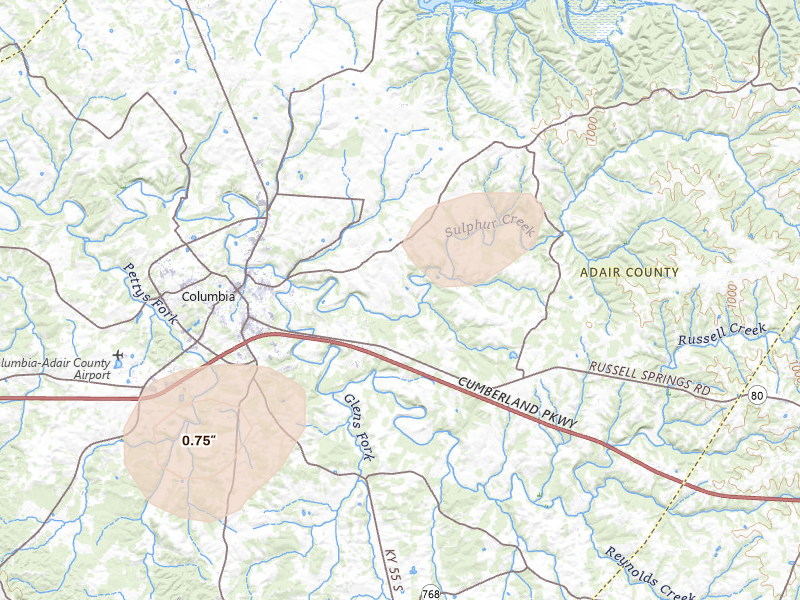 Radar-estimated hail-size map of the storm over Columbia, KY on Aug 8, 2026