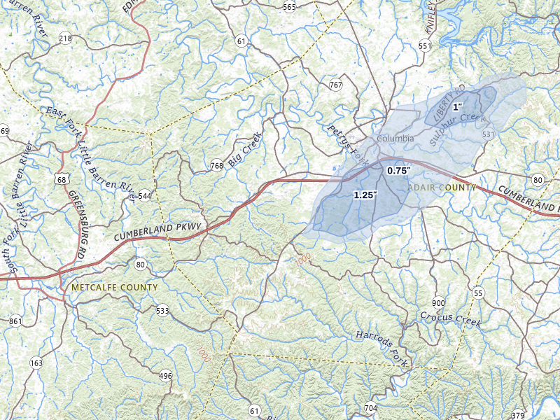 NEXRAD radar-signature map of the hail storm over Columbia, KY on Aug 8, 2026