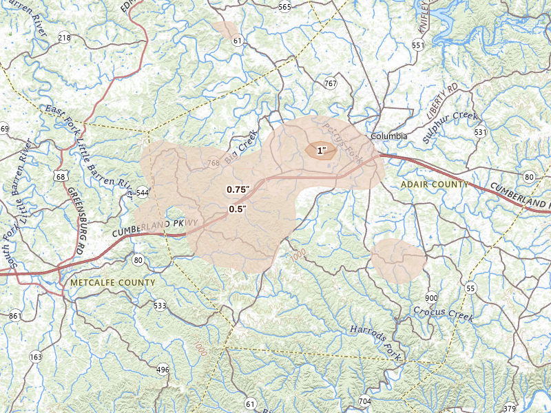 Radar-estimated hail-size map of the storm over Columbia, KY on Aug 11, 2026