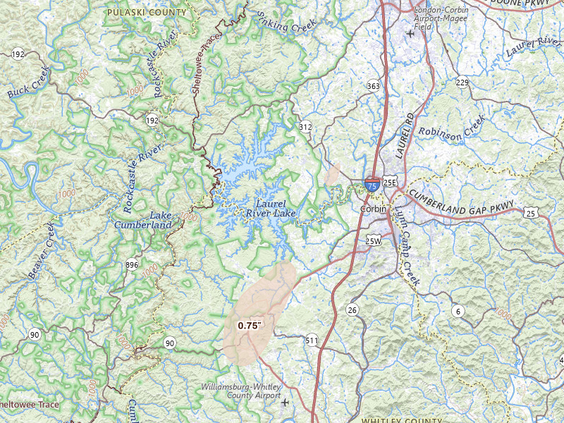 Radar-estimated hail-size map of the storm over Corbin, KY on May 19, 2026