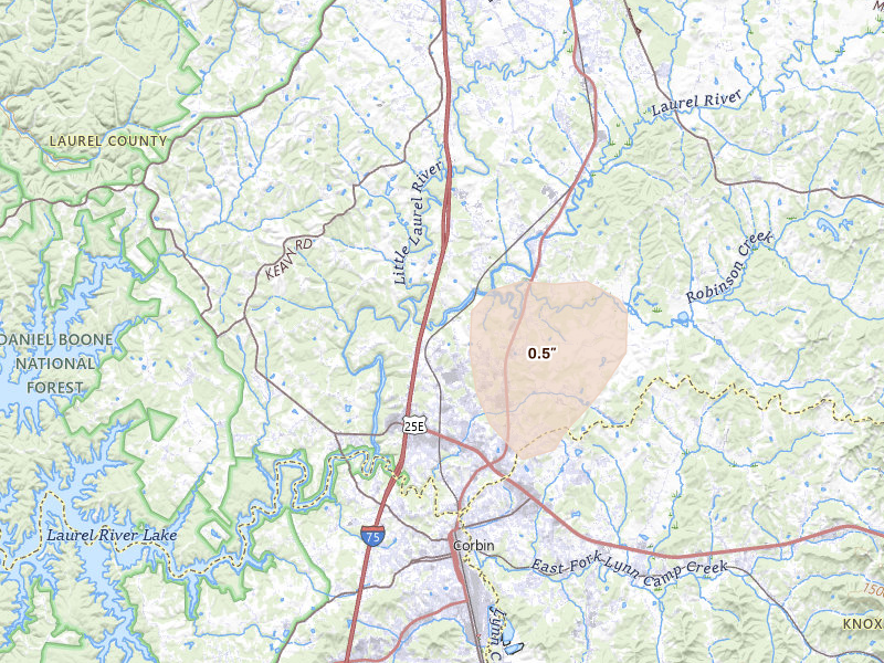 Radar-estimated hail-size map of the storm over Corbin, KY on Aug 8, 2026