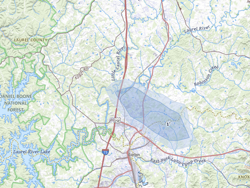 NEXRAD radar-signature map of the hail storm over Corbin, KY on Aug 8, 2026