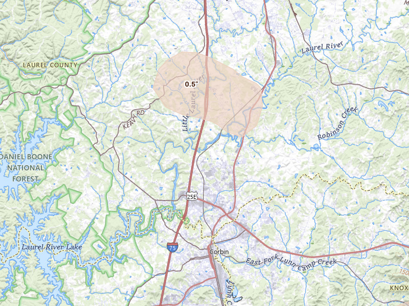 Radar-estimated hail-size map of the storm over Corbin, KY on Aug 11, 2026