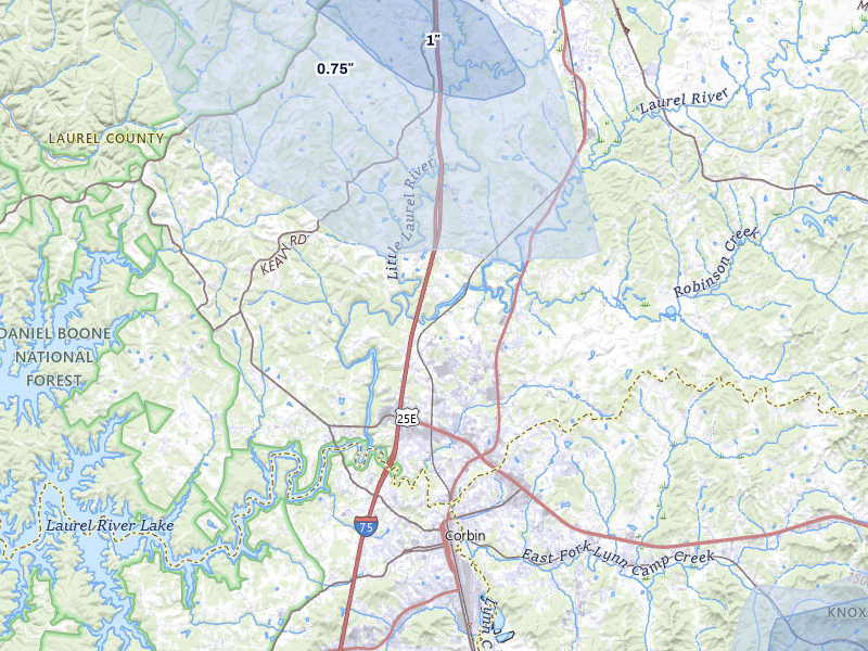 NEXRAD radar-signature map of the hail storm over Corbin, KY on Aug 11, 2026
