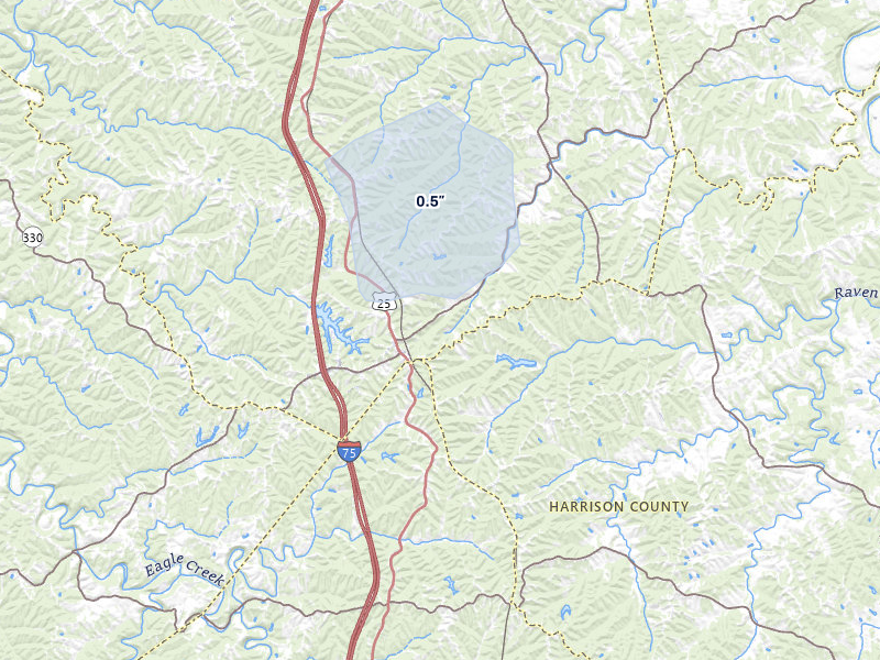 NEXRAD radar-signature map of the hail storm over Corinth, KY on May 15, 2026