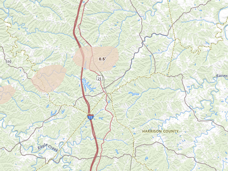 Radar-estimated hail-size map of the storm over Corinth, KY on May 16, 2026