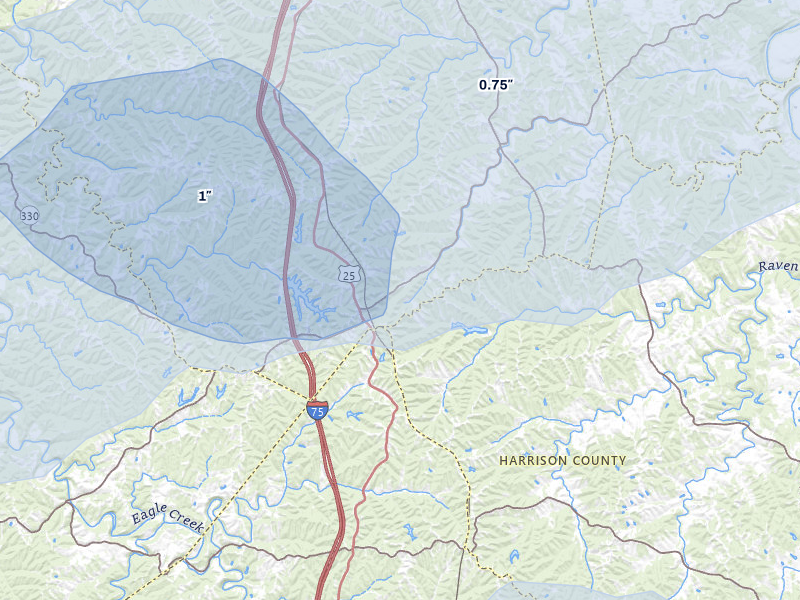 NEXRAD radar-signature map of the hail storm over Corinth, KY on May 16, 2026