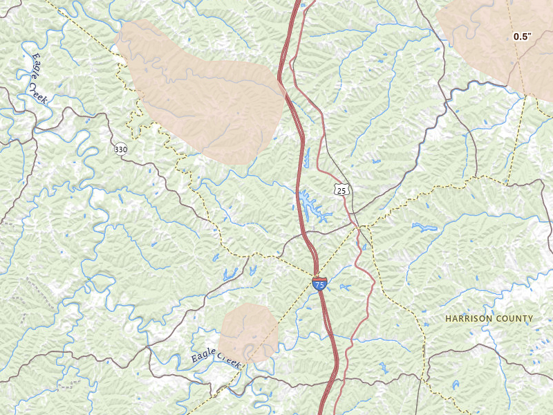 Radar-estimated hail-size map of the storm over Corinth, KY on Aug 11, 2026