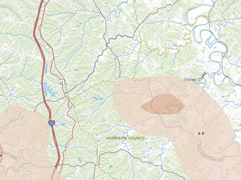 Radar-estimated hail-size map of the storm over Corinth, KY on Aug 15, 2026