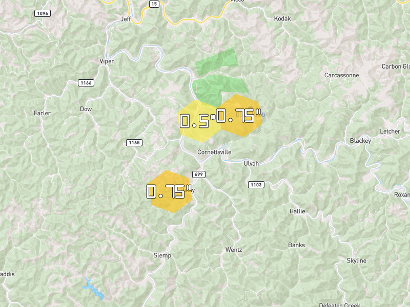 Hail map of Cornettsville, KY on Jul 28, 2026, hail up to 0.75"