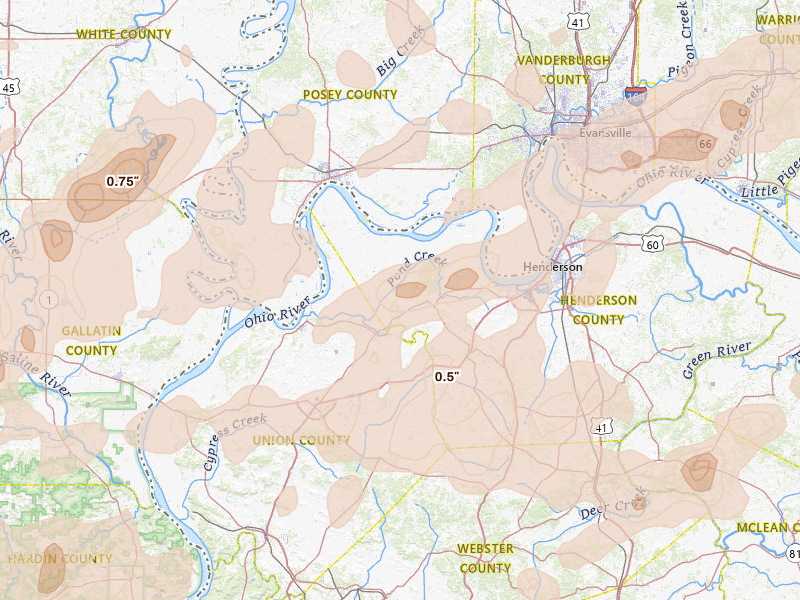 Radar-estimated hail-size map of the storm over Corydon, KY on Apr 27, 2026