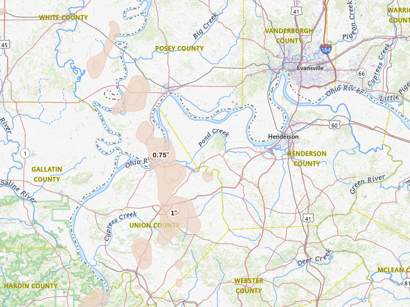 Radar-estimated hail-size map of the storm over Corydon, KY on Jul 4, 2026