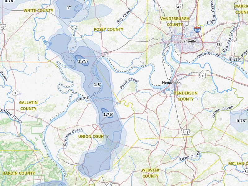 NEXRAD radar-signature map of the hail over Corydon, KY