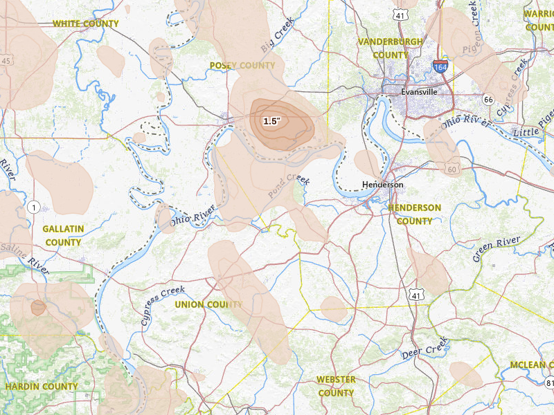 Radar-estimated hail-size map of the storm over Corydon, KY on Jul 26, 2026