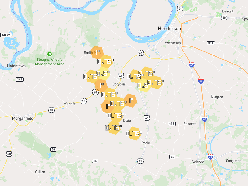Hail map of Corydon, KY on Jul 26, 2026, hail up to 1"