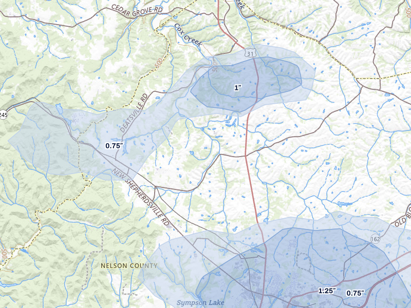 NEXRAD radar-signature map of the hail storm over Coxs Creek, KY on Apr 1, 2026