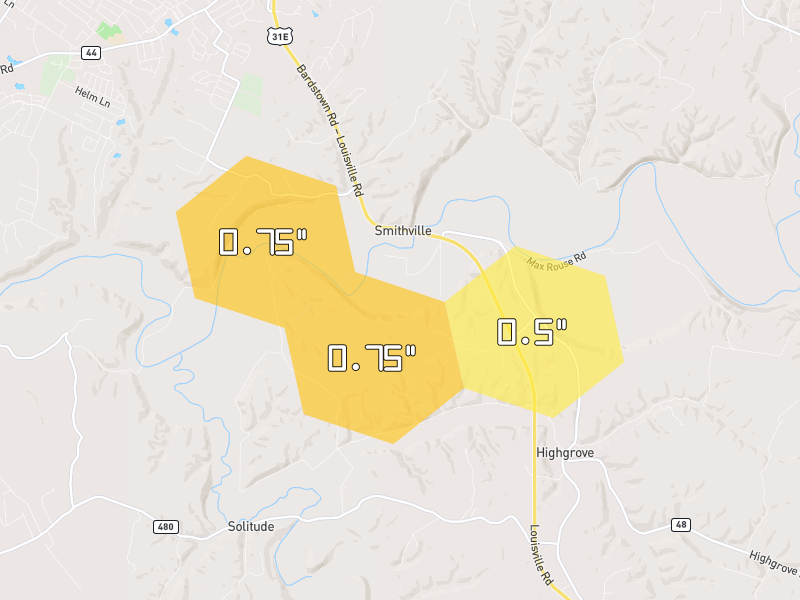 Hail map of Coxs Creek, KY on Jul 21, 2026, hail up to 0.75"