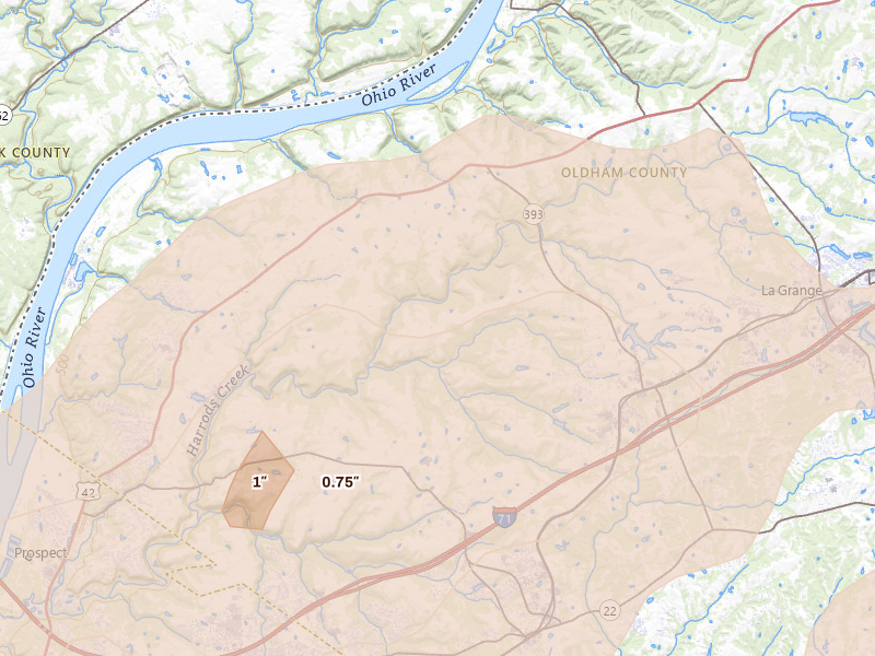 Radar-estimated hail-size map of the storm over Crestwood, KY on May 16, 2026
