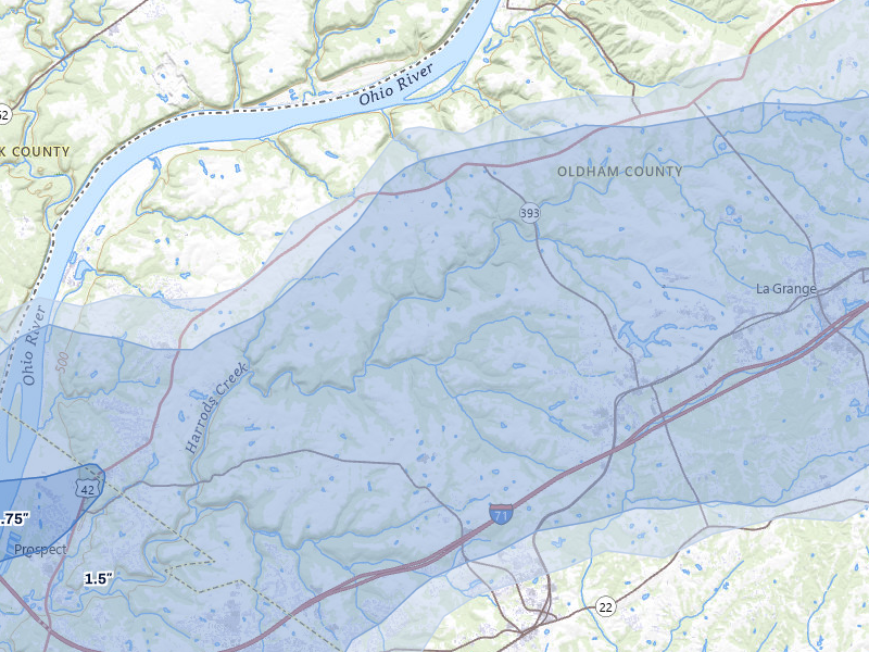 NEXRAD radar-signature map of the hail over Crestwood, KY