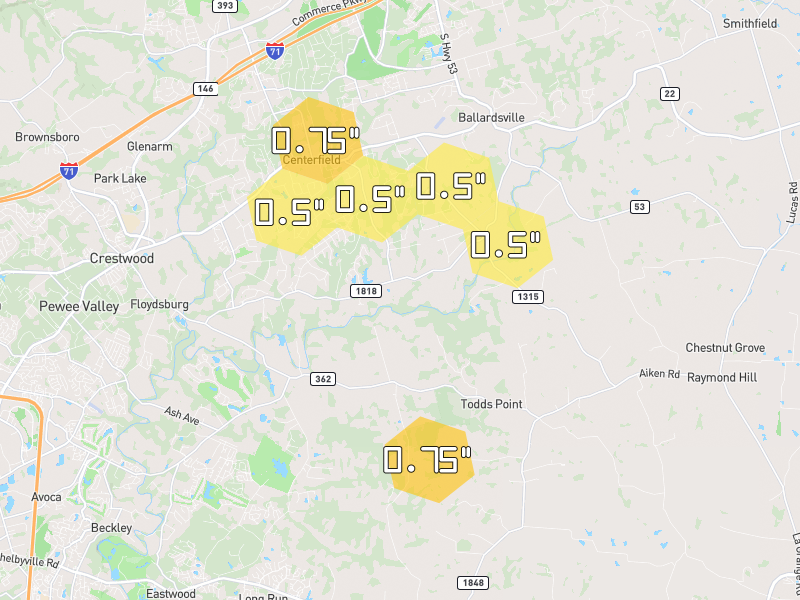 Hail map of Crestwood, KY on Jul 28, 2026, hail up to 0.75"