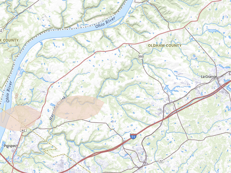 Radar-estimated hail-size map of the storm over Crestwood, KY on Aug 13, 2026