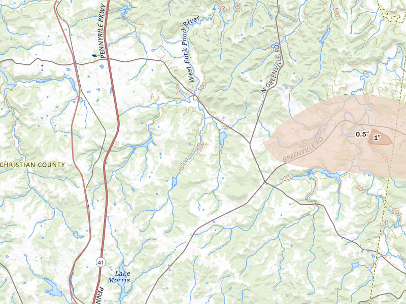 Radar-estimated hail-size map of the storm over Crofton, KY on Jul 9, 2026