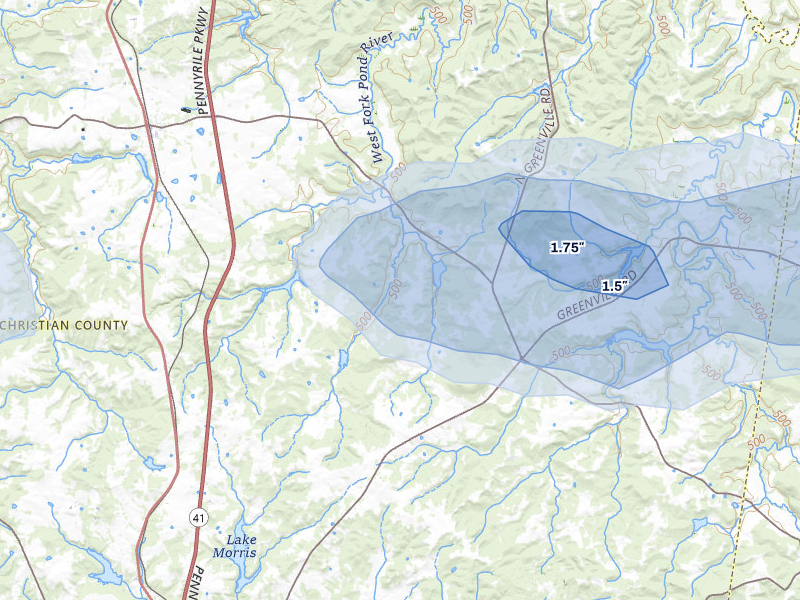 NEXRAD radar-signature map of the hail storm over Crofton, KY on Jul 9, 2026
