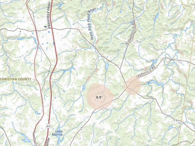 Radar-estimated hail-size map of the storm over Crofton, KY on Jul 10, 2026