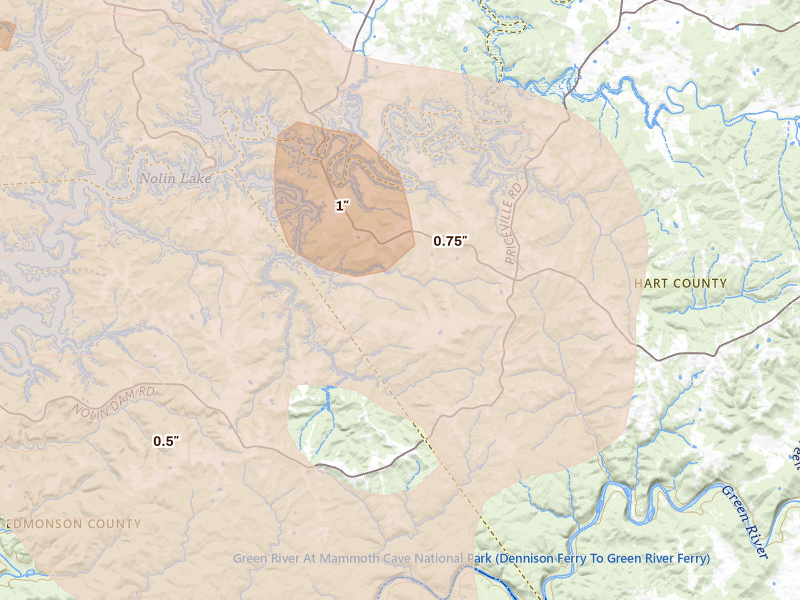 Radar-estimated hail-size map of the storm over Cub Run, KY