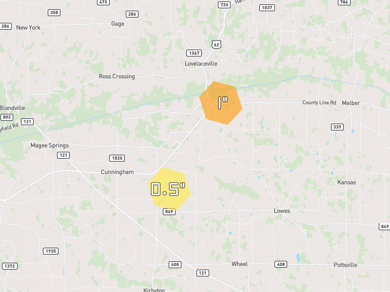 Hail map of Cunningham, KY on Jun 1, 2026, hail up to 1"