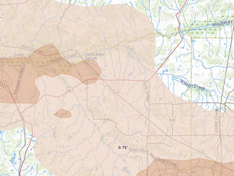 Radar-estimated hail-size map of the storm over Cunningham, KY on Jun 8, 2026