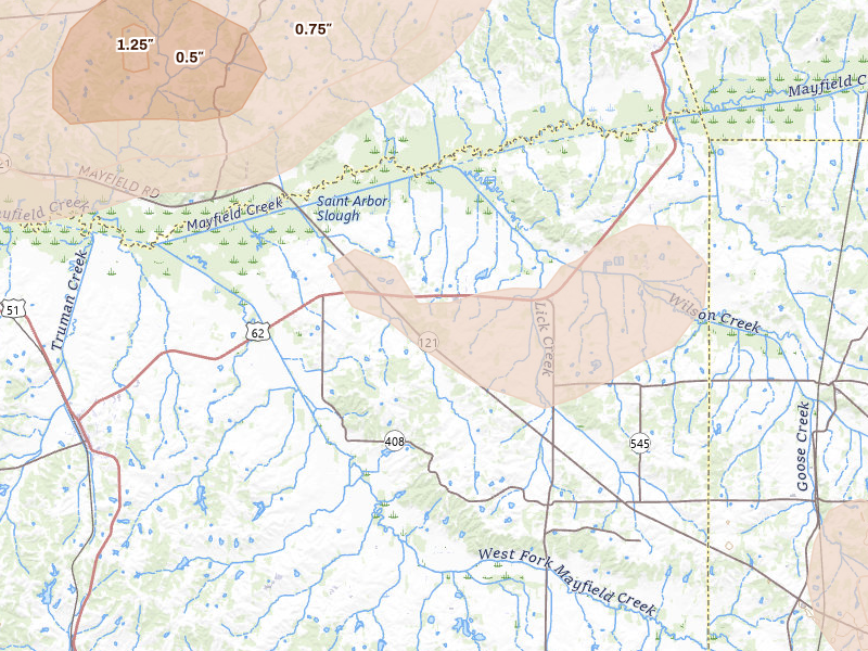Radar-estimated hail-size map of the storm over Cunningham, KY on Jul 9, 2026