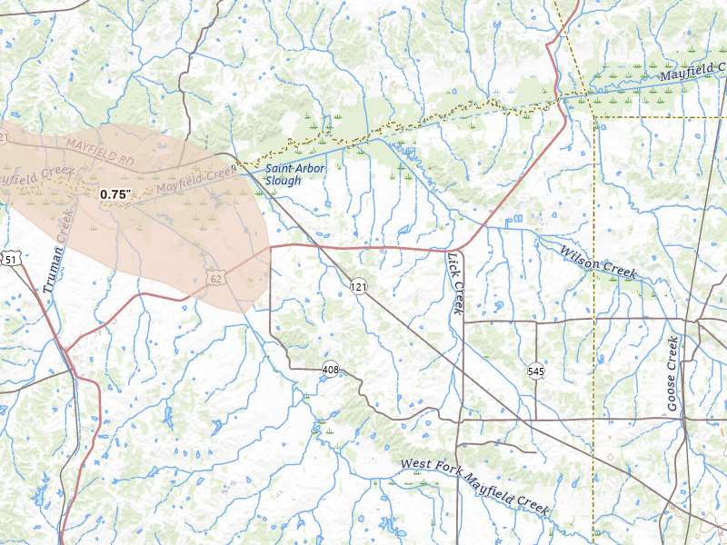 Radar-estimated hail-size map of the storm over Cunningham, KY on Jul 21, 2026
