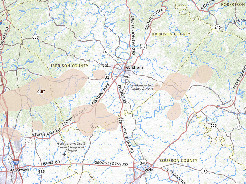 Radar-estimated hail-size map of the storm over Cynthiana, KY on May 16, 2026