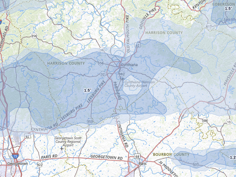 NEXRAD radar-signature map of the hail storm over Cynthiana, KY on May 16, 2026