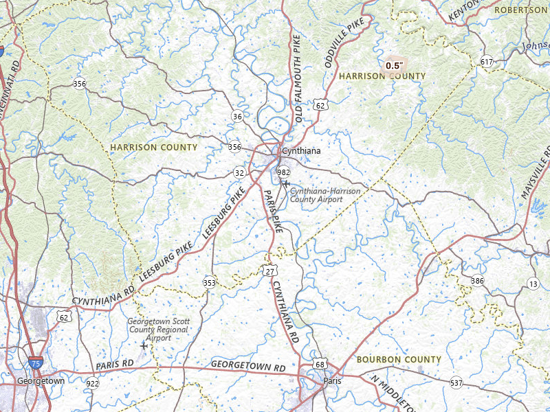 Radar-estimated hail-size map of the storm over Cynthiana, KY on Jul 5, 2026