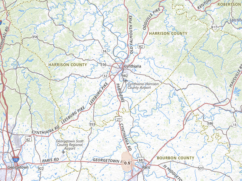 Radar-estimated hail-size map of the storm over Cynthiana, KY on Jul 6, 2026