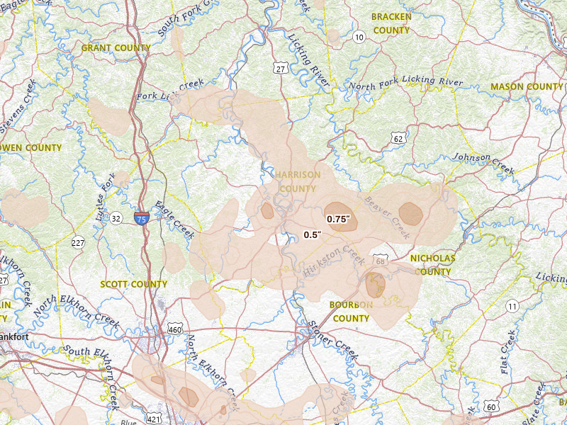 Radar-estimated hail-size map of the storm over Cynthiana, KY on Aug 11, 2026