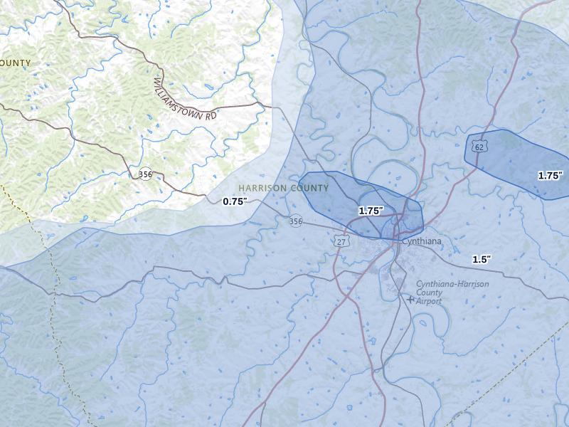 NEXRAD radar-signature map of the hail storm over Cynthiana, KY on Aug 11, 2026
