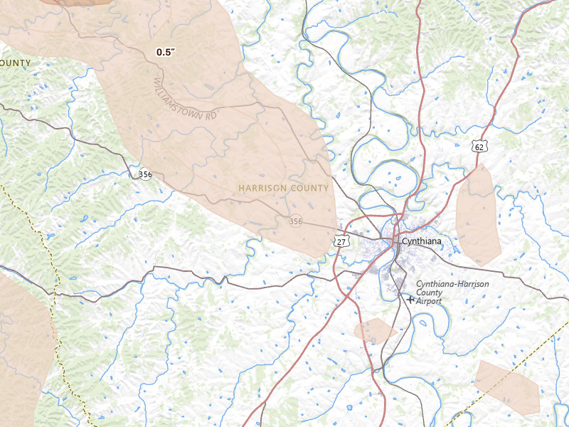 Radar-estimated hail-size map of the storm over Cynthiana, KY on Aug 15, 2026