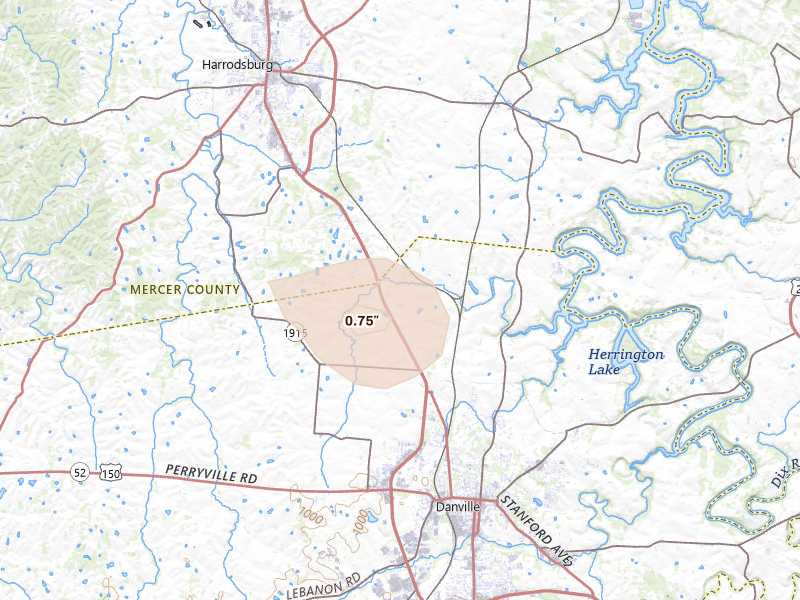 Radar-estimated hail-size map of the storm over Danville, KY on Aug 11, 2026