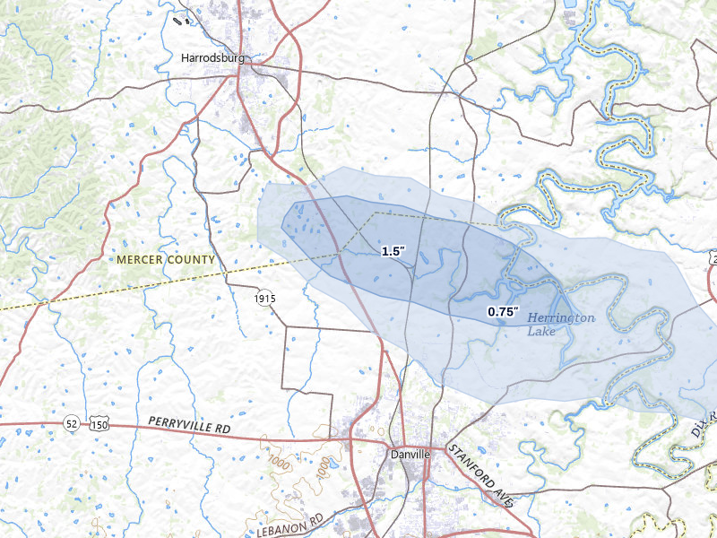 NEXRAD radar-signature map of the hail storm over Danville, KY on Aug 11, 2026