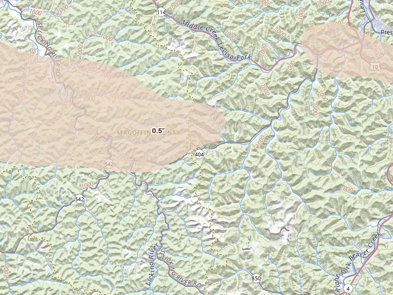 Radar-estimated hail-size map of the storm over David, KY on Aug 22, 2026