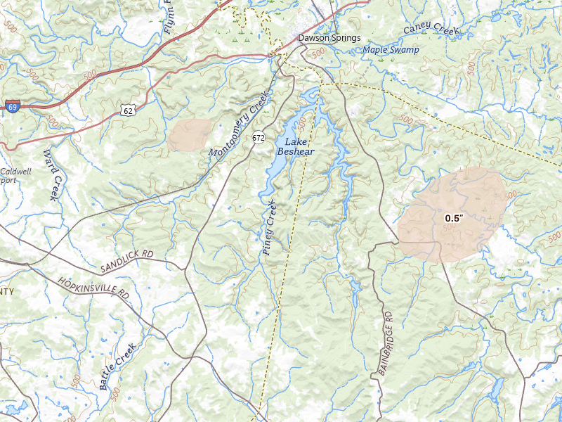 Radar-estimated hail-size map of the storm over Dawson Springs, KY on Jul 5, 2026