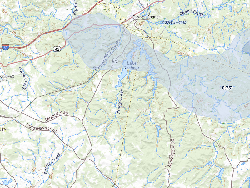 NEXRAD radar-signature map of the hail storm over Dawson Springs, KY on Jul 5, 2026