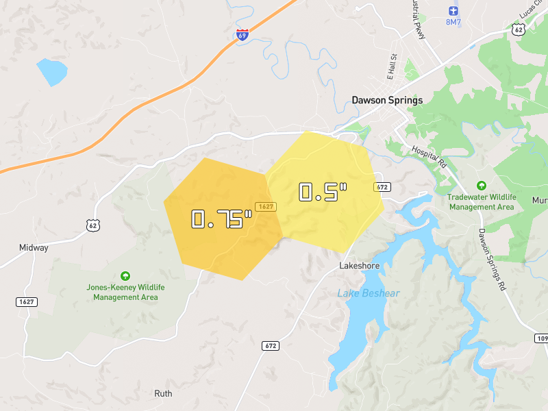 Hail map of Dawson Springs, KY on Jul 5, 2026, hail up to 0.75"